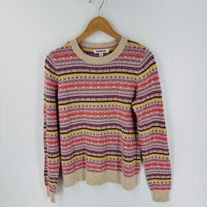 Boden Fair Isle Knit Sweater Multicolor Stripe Crewneck Size M Cozy Colorful